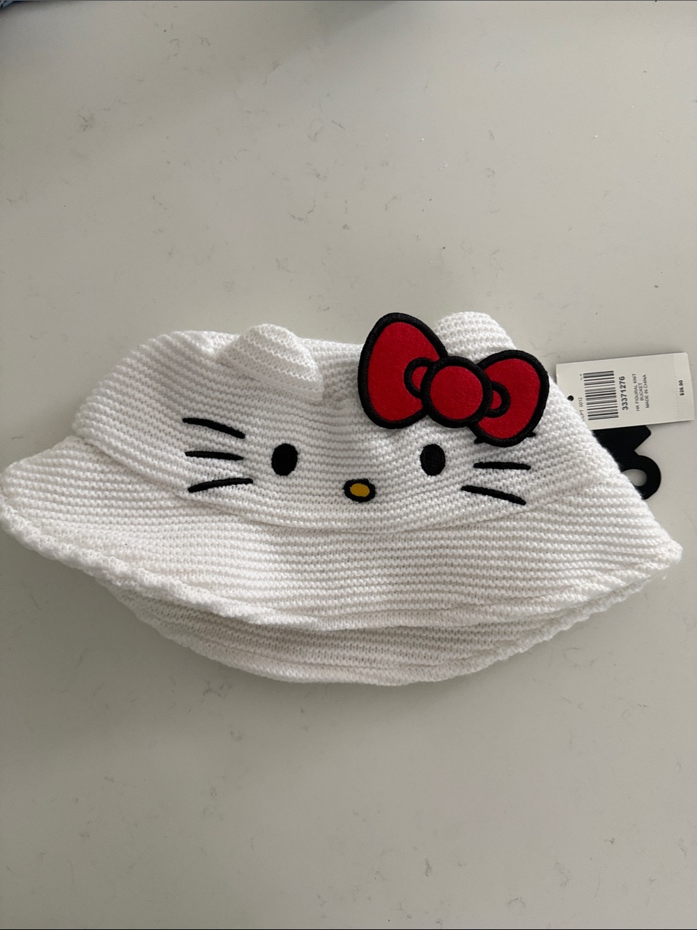 Sanrio Hello Kitty 3D Ears w/ Red Bow White Knit Lined Bucket Hat Licensed - NWT